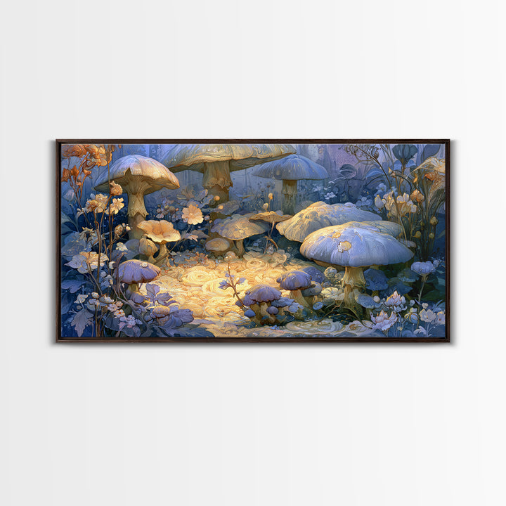 Fairy Ring of Mushrooms and Wildflowers Canvas Print, Fairy Tale Art, Nursery Art, Living Room Decor, Oil Painting, Storybook, FTA-2x1-89