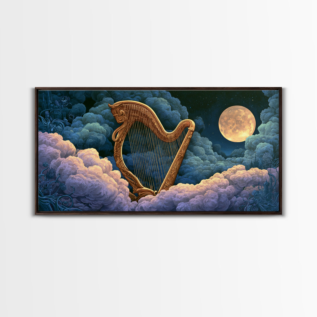 Golden Harp in a Cloud Kingdom Framed Canvas Print, Fairy Tale Art, Art Deco, Living Room Decor, Oil Painting, Storybook, FTA-2x1-90