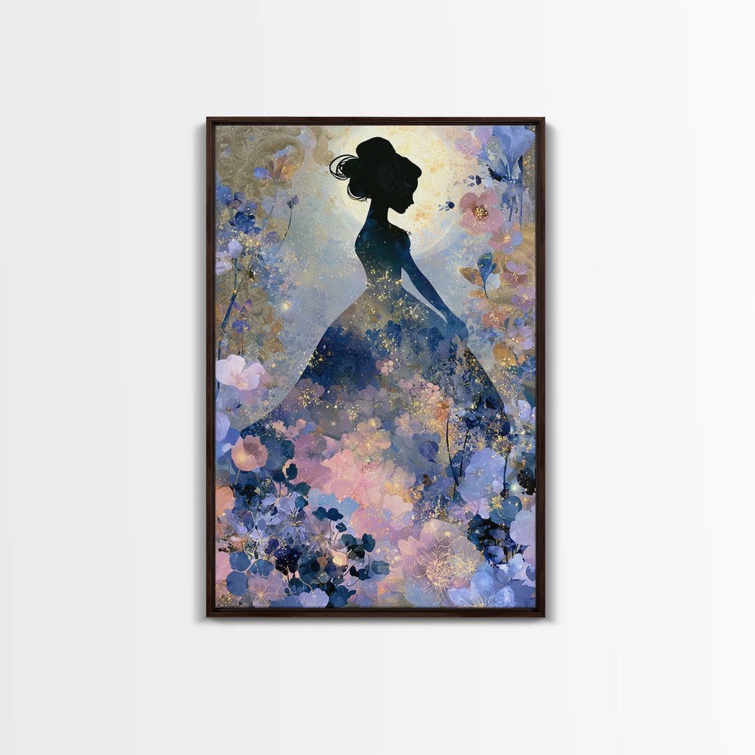 Princess Silhouette with Moonlit Garden Flowers Framed Canvas Print, Fairy Tale Art, Art Deco, Living Room Decor, Storybook, FTA-2x3-12
