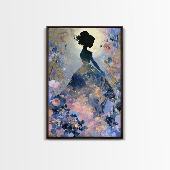 Princess Silhouette with Moonlit Garden Flowers Framed Canvas Print, Fairy Tale Art, Art Deco, Living Room Decor, Storybook, FTA-2x3-12