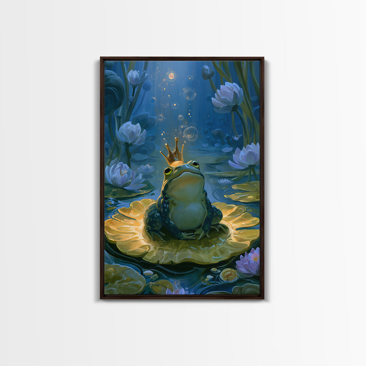 Frog Prince on a Lily Pad Framed Canvas Print, Fairy Tale Art, Contemporary Art, Living Room Decor, Fine Art, Storybook, FTA-2x3-19