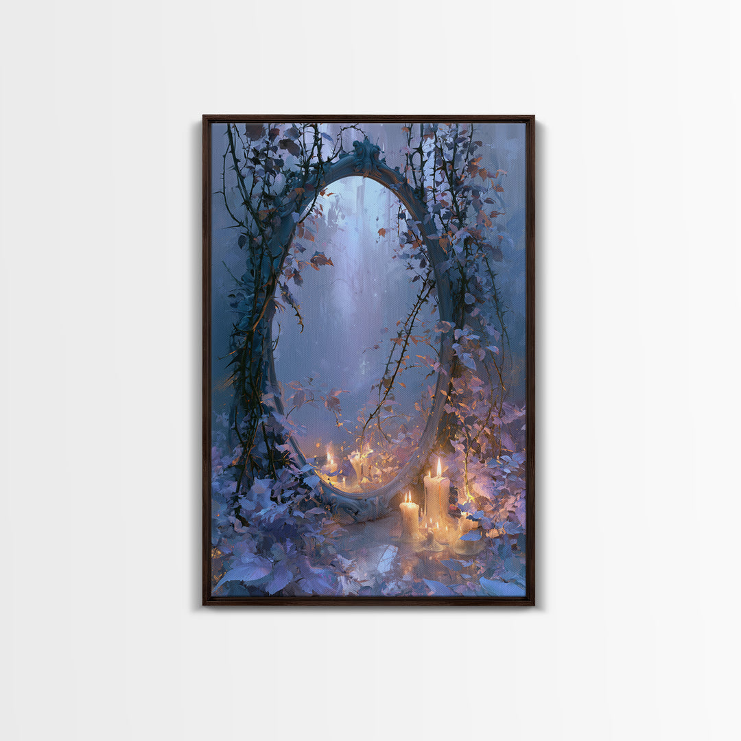 Magic Mirror Framed by Vines and Thorns Framed Canvas Print, Fairy Tale Art, Art Deco, Living Room Decor, Oil Painting, FTA-2x3-21