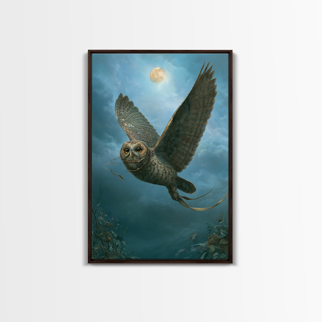 Owl Messenger Carrying a Tiny Ribbon Framed Canvas Print, Fairy Tale Art, Original Art, Living Room Decor, Fine Art, Storybook, FTA-2x3-25