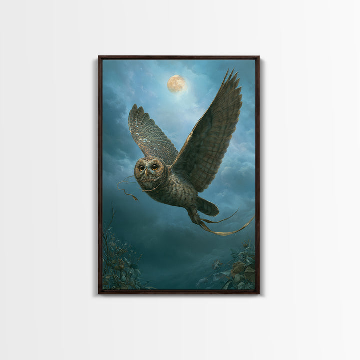 Owl Messenger Carrying a Tiny Ribbon Framed Canvas Print, Fairy Tale Art, Original Art, Living Room Decor, Fine Art, Storybook, FTA-2x3-25