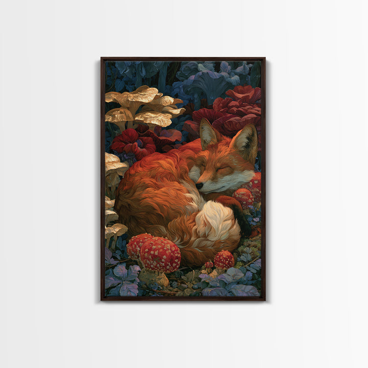 Sleeping Fox Beside a Magical Mushroom Ring Canvas Print, Fairy Tale Art, Nursery Wall Art, Living Room Decor, Watercolor Art, FTA-2x3-35