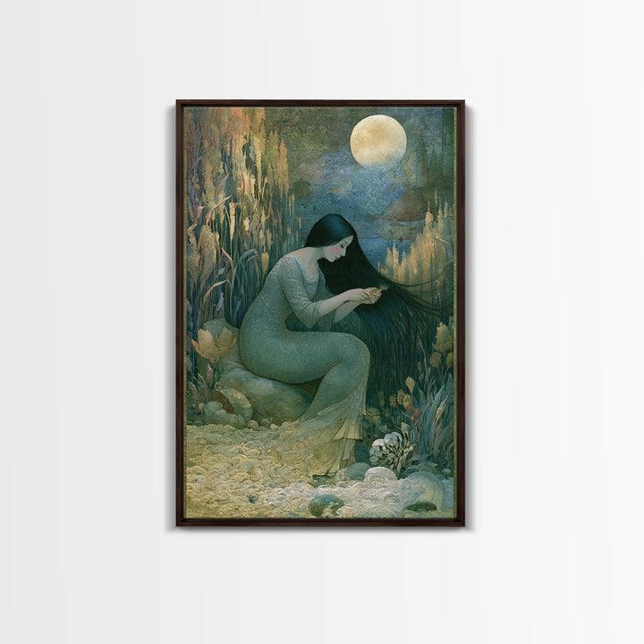 Mermaid Combing Hair Beneath a Pearl Moon Canvas Print, Fairy Tale Art, Luxury Decor, Living Room Decor, Storybook, FTA-2x3-44
