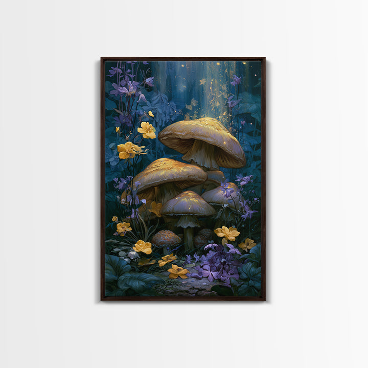 Fairy Ring of Mushrooms and Wildflowers Framed Canvas Print, Fairy Tale Art, Boho Wall Art, Living Room Decor, Watercolor Art, FTA-2x3-53