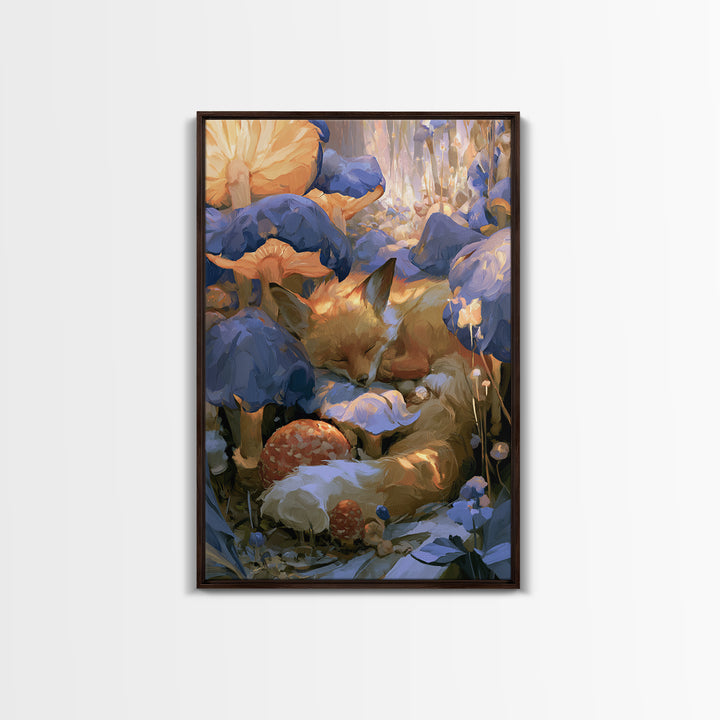 Sleeping Fox Beside a Magical Mushroom Ring Canvas Print, Fairy Tale Art, Boho Wall Art, Living Room Decor, Storybook, FTA-2x3-59