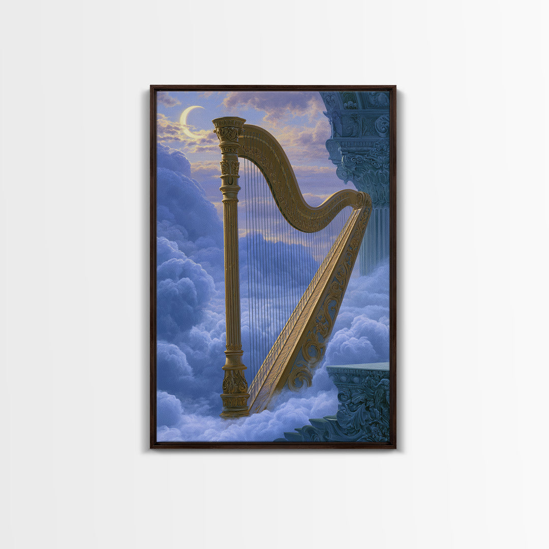 Golden Harp in a Cloud Kingdom Framed Canvas Print, Fairy Tale Art, Minimalist Decor, Living Room Decor, Fine Art, Storybook, FTA-2x3-6