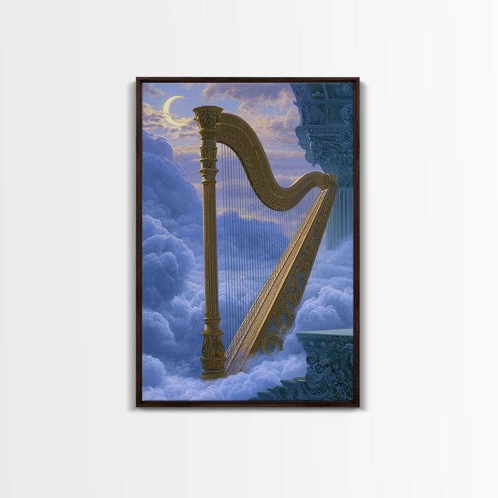 Golden Harp in a Cloud Kingdom Framed Canvas Print, Fairy Tale Art, Minimalist Decor, Living Room Decor, Fine Art, Storybook, FTA-2x3-6