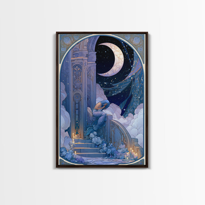 Mermaid Combing Hair Beneath a Pearl Moon Framed Canvas Print, Fairy Tale Art, Nursery Art, Living Room Decor, Storybook, FTA-2x3-68