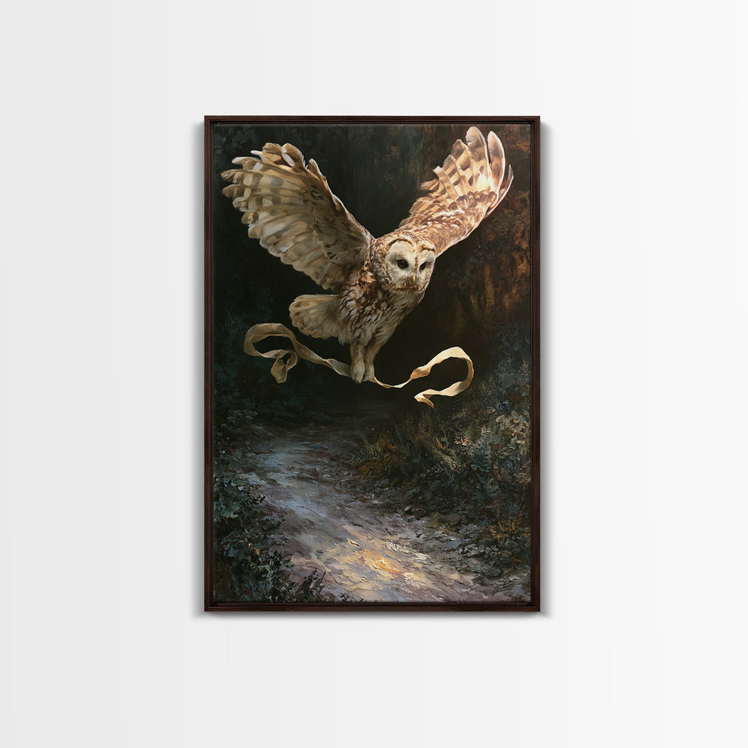 Owl Messenger Carrying a Tiny Ribbon Framed Canvas Print, Fairy Tale Art, Whimsical Art, Living Room Decor, Fine Art, Storybook, FTA-2x3-73