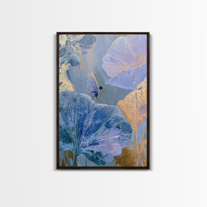 Tiny Fairy Resting on a Dew Covered Framed Canvas Print, Fairy Tale Art, Mixed Media Art, Living Room Decor, Oil Painting, FTA-2x3-87