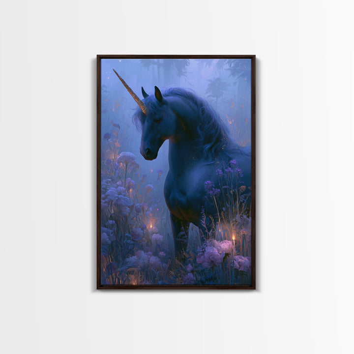 Unicorn in a Moonlit Meadow Framed Canvas Print, Fairy Tale Art, Printable Art, Living Room Decor, Oil Painting, Storybook, FTA-2x3-90