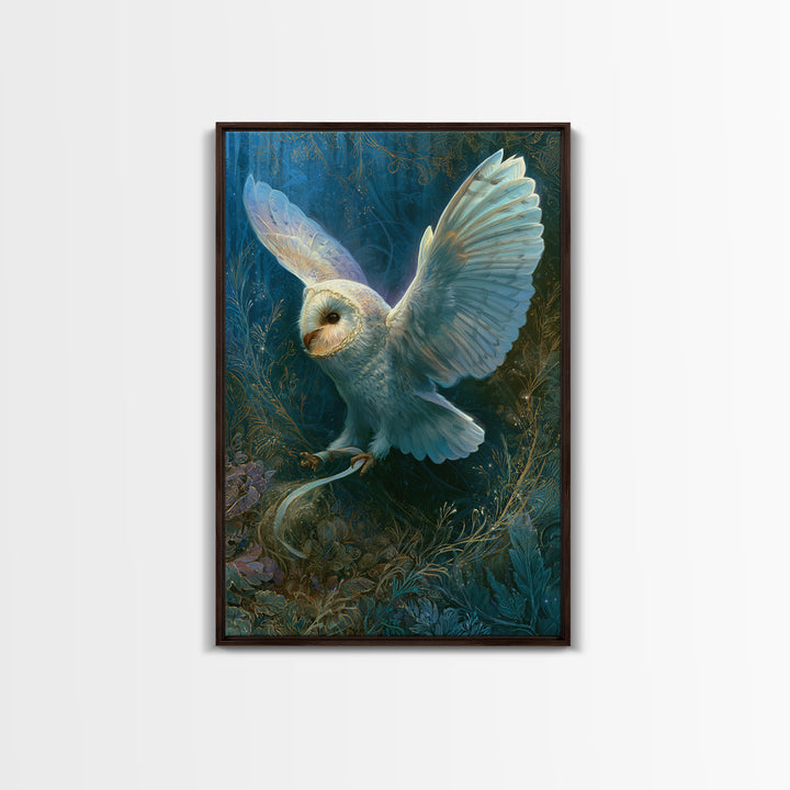 Owl Messenger Carrying a Tiny Ribbon Framed Canvas Print, Fairy Tale Art, Whimsical Art, Living Room Decor, Fine Art, Storybook, FTA-2x3-97