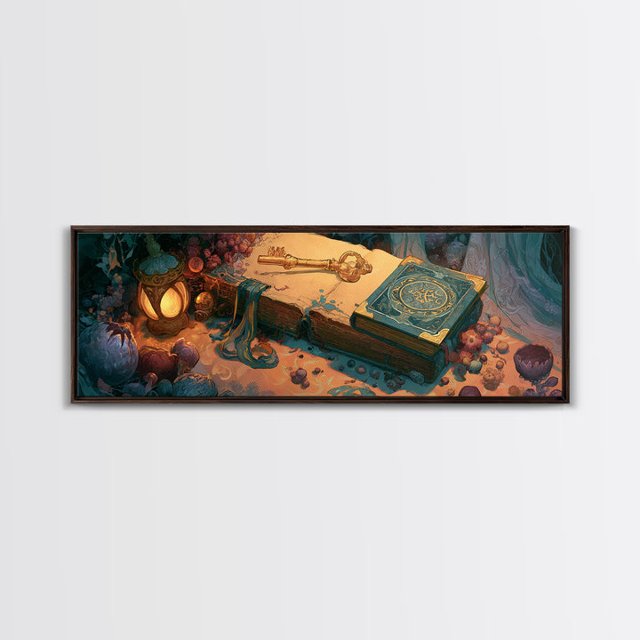 Golden Key and Enchanted Book Still Life Framed Canvas Print, Fairy Tale Art, Folk Art, Living Room Decor, Fine Art, Storybook, FTA-3x1-1