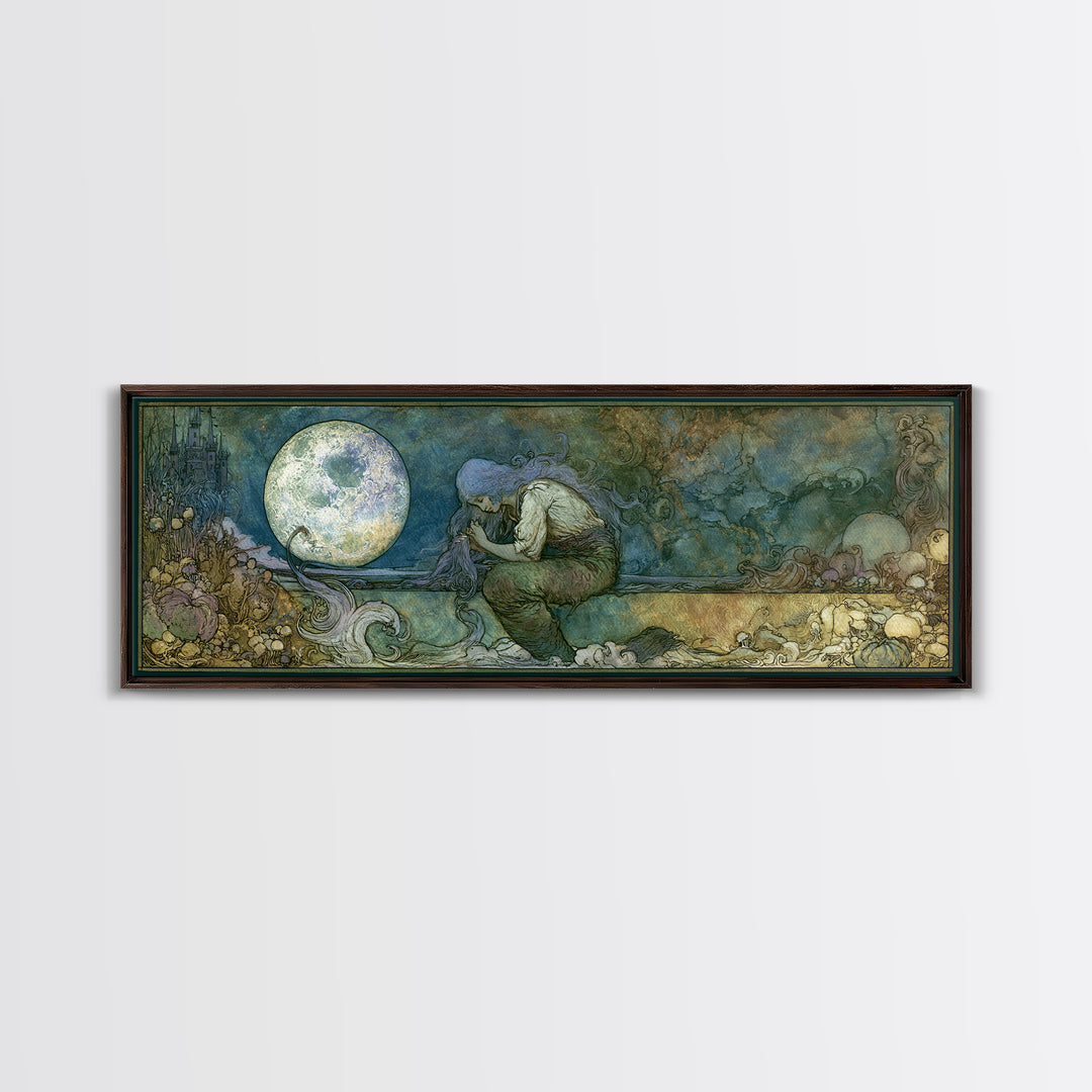 Mermaid Combing Hair Beneath a Pearl Moon Canvas Print, Fairy Tale Art, Living Room Decor, Abstract Art, Storybook, FTA-3x1-100