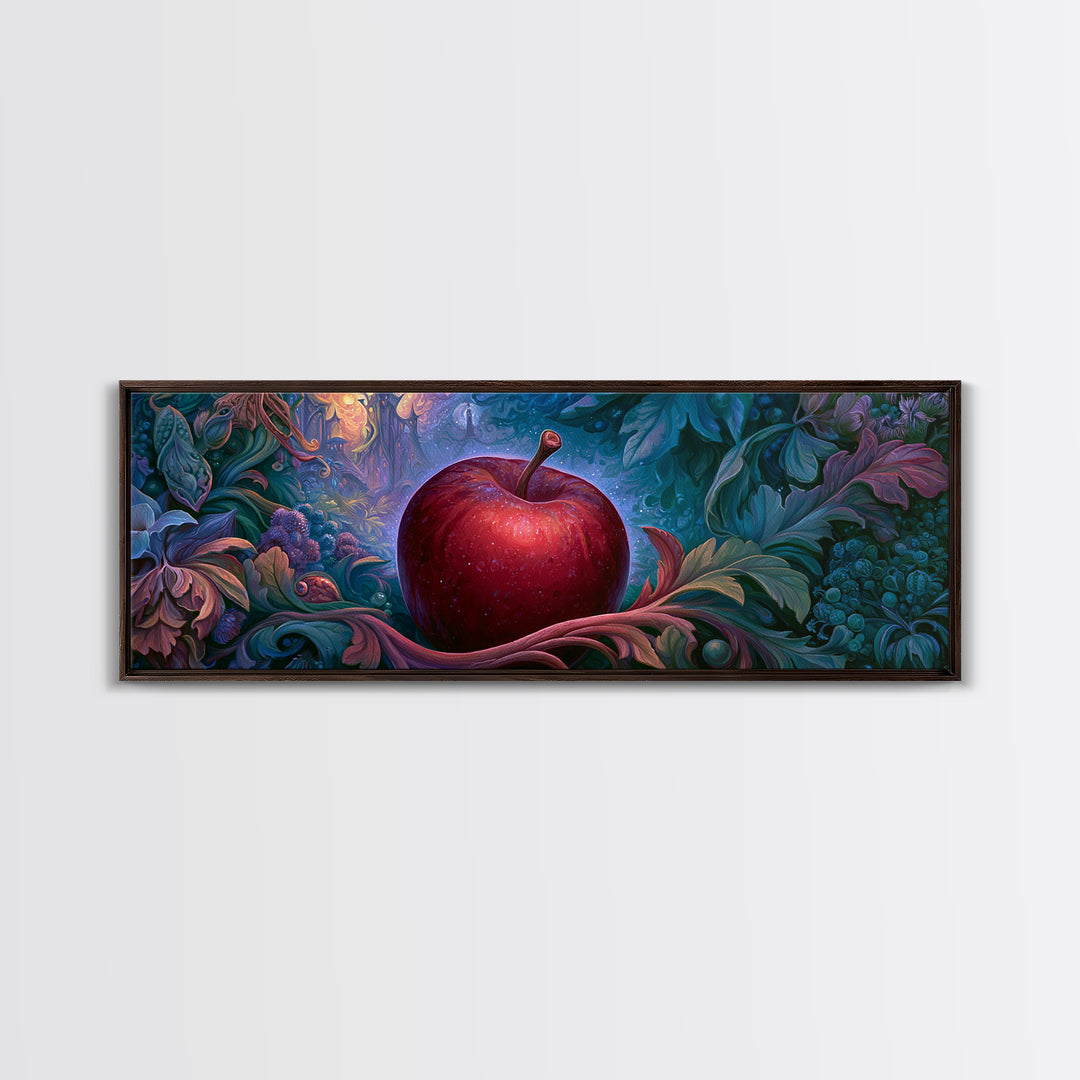 Enchanted Apple with Deep Red Shine Framed Canvas Print, Fairy Tale Art, Whimsical Wall Art, Living Room Decor, Storybook, FTA-3x1-12