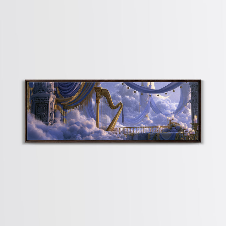 Golden Harp in a Cloud Kingdom Canvas Print, Fairy Tale Art, Modern Decor, Living Room Decor, Fine Art, Storybook, Wall Decor, FTA-3x1-14