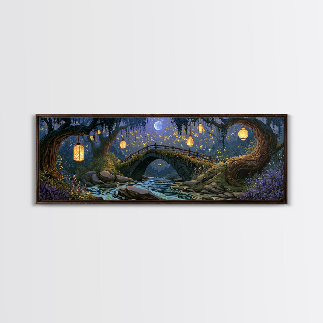 Lantern Lit Bridge Framed Canvas Print, Fairy Tale Art, Gallery Decor, Living Room Decor, Fine Art, Storybook, Wall Art, FTA-3x1-15