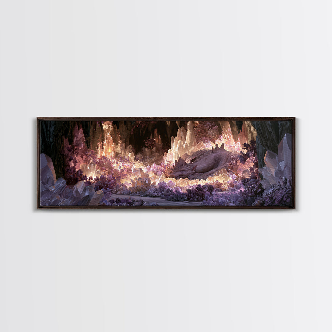Sleeping Dragon in a Cave of Crystals Canvas Print, Fairy Tale Art, Folk Art, Living Room Decor, Fine Art, Storybook, FTA-3x1-16