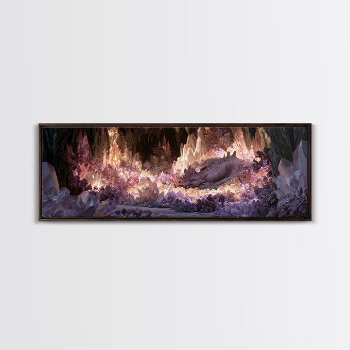 Sleeping Dragon in a Cave of Crystals Canvas Print, Fairy Tale Art, Folk Art, Living Room Decor, Fine Art, Storybook, FTA-3x1-16