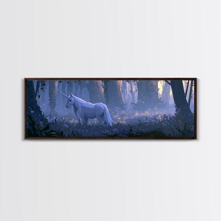 Unicorn in a Moonlit Meadow Framed Canvas Print, Fairy Tale Art, Art Nouveau, Living Room Decor, Fine Art, Storybook, FTA-3x1-2