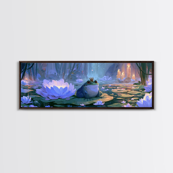 Frog Prince on a Lily Pad Framed Canvas Print, Fairy Tale Art, Textured Painting, Living Room Decor, Fine Art, Storybook, FTA-3x1-27