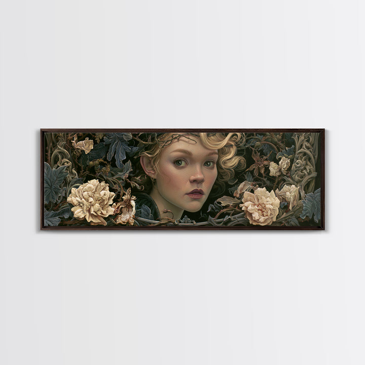 Magic Mirror Framed by Vines and Thorns Canvas Print, Fairy Tale Art, Princess Wall Art, Living Room Decor, Oil Painting, FTA-3x1-29