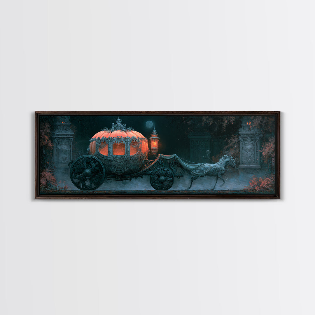 Pumpkin Carriage under Midnight Sky Framed Canvas Print, Fairy Tale Art, Art Nouveau Print, Living Room Decor, Watercolor Art, FTA-3x1-32