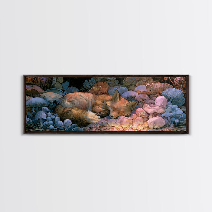 Sleeping Fox Beside a Magical Mushroom Ring Canvas Print, Fairy Tale Art, Printable Wall Art, Living Room Decor, Storybook, FTA-3x1-43