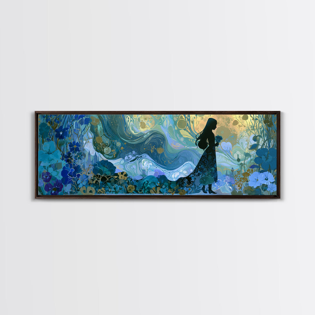 Princess Silhouette with Moonlit Garden Flowers Canvas Print, Fairy Tale Art, Modern Decor, Living Room Decor, Storybook, FTA-3x1-44