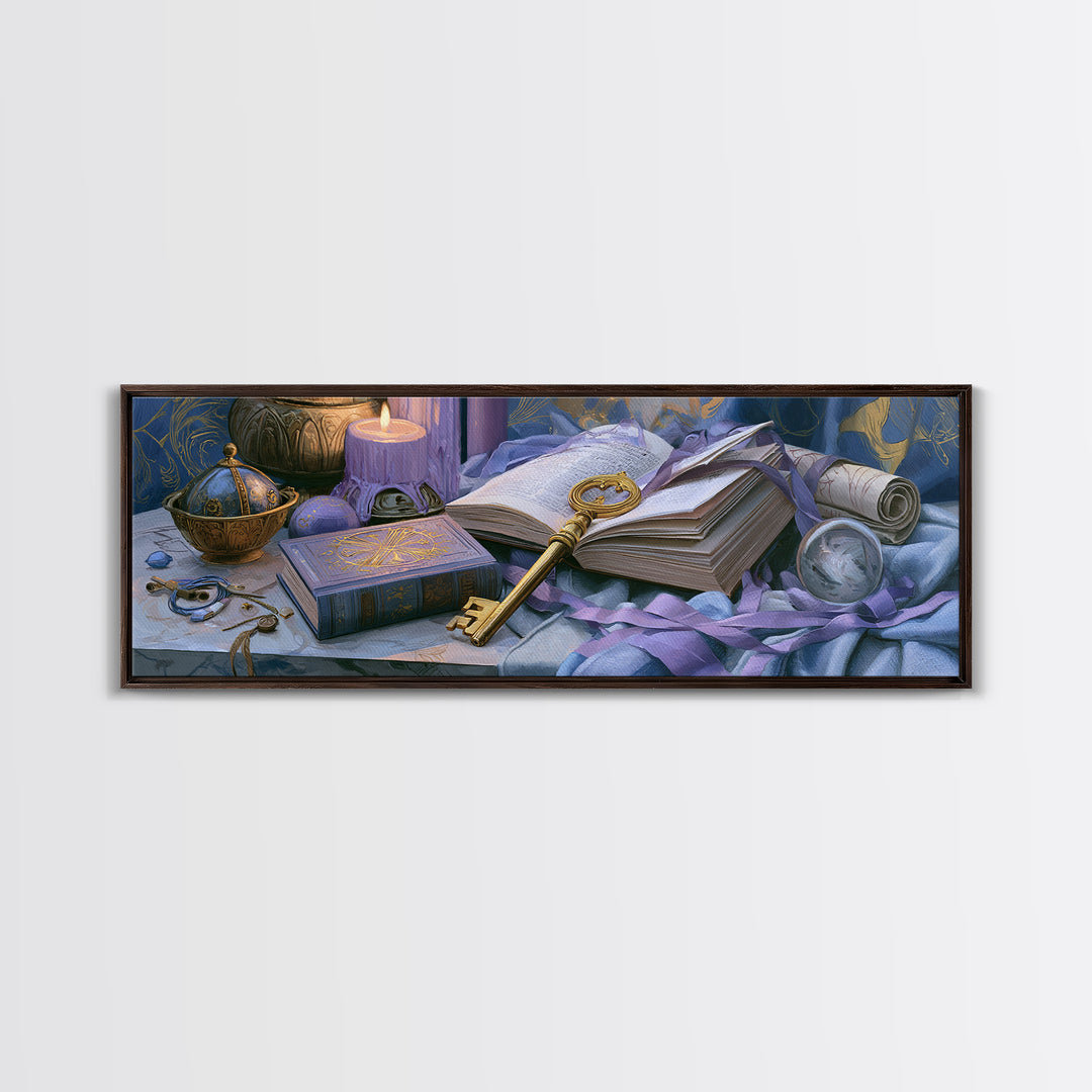 Golden Key and Enchanted Book Still Life Canvas Print, Fairy Tale Art, Kids Room Decor, Living Room Decor, Abstract Art, FTA-3x1-49