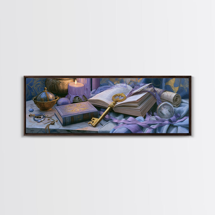 Golden Key and Enchanted Book Still Life Canvas Print, Fairy Tale Art, Kids Room Decor, Living Room Decor, Abstract Art, FTA-3x1-49
