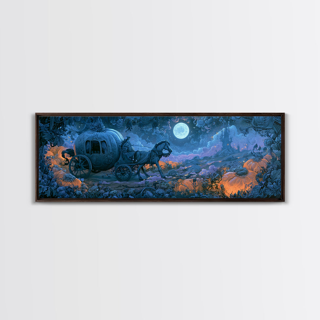 Pumpkin Carriage under Midnight Sky Framed Canvas Print, Fairy Tale Art, Minimalist Decor, Living Room Decor, Storybook, FTA-3x1-56