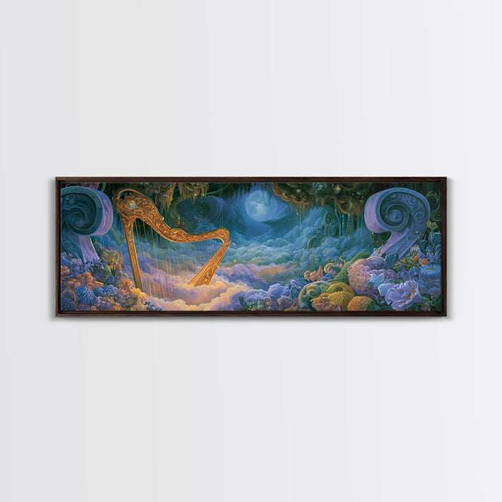 Golden Harp in a Cloud Kingdom Canvas Print, Fairy Tale Art, Boho Decor, Living Room Decor, Oil Painting, Storybook, Art Print, FTA-3x1-62