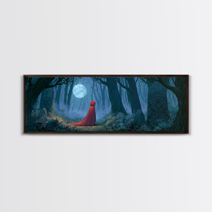 Red Cloak Figure Walking Through Dark Woods Framed Canvas Print, Fairy Tale Art, Wall Decor, Living Room Decor, Storybook, FTA-3x1-72