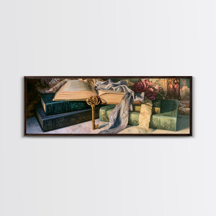 Golden Key and Enchanted Book Still Life Framed Canvas Print, Fairy Tale Art, Neutral Decor, Living Room Decor, Storybook, FTA-3x1-73