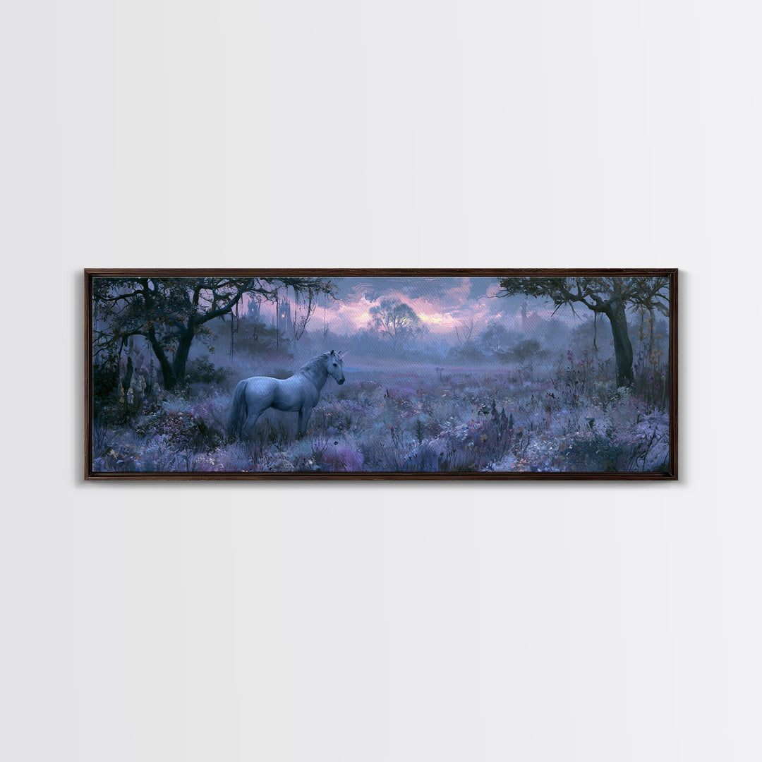Unicorn in a Moonlit Meadow Framed Canvas Print, Fairy Tale Art, Princess Wall Art, Living Room Decor, Fine Art, Storybook, FTA-3x1-74