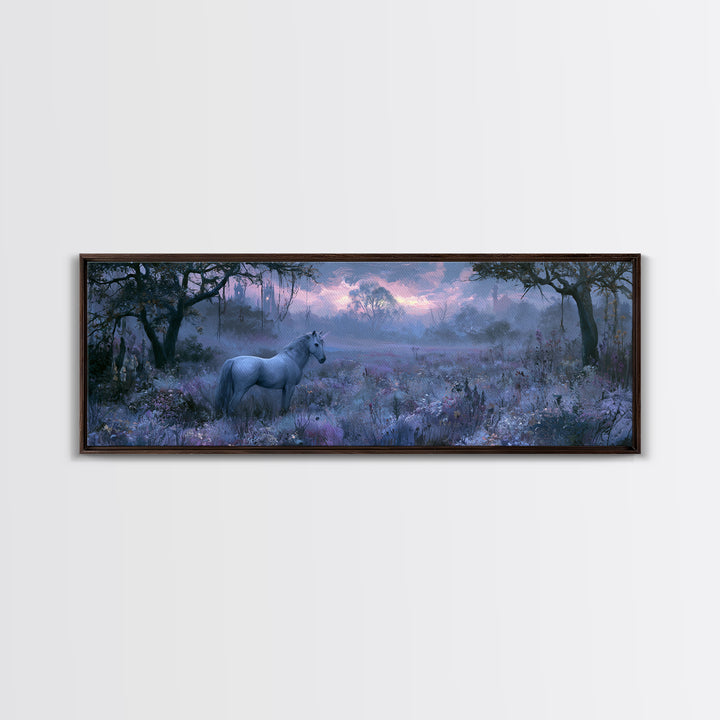 Unicorn in a Moonlit Meadow Framed Canvas Print, Fairy Tale Art, Princess Wall Art, Living Room Decor, Fine Art, Storybook, FTA-3x1-74