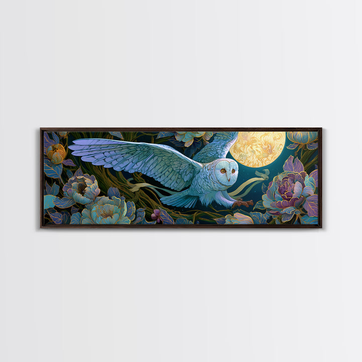 Owl Messenger Carrying a Tiny Ribbon Framed Canvas Print, Fairy Tale Art, Fairy Art, Living Room Decor, Fine Art, Storybook, FTA-3x1-81