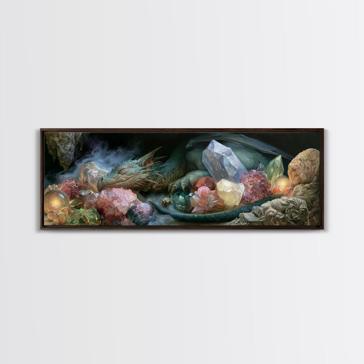 Sleeping Dragon in a Cave of Crystals Canvas Print, Fairy Tale Art, Wall Art, Living Room Decor, Oil Painting, Storybook, FTA-3x1-88