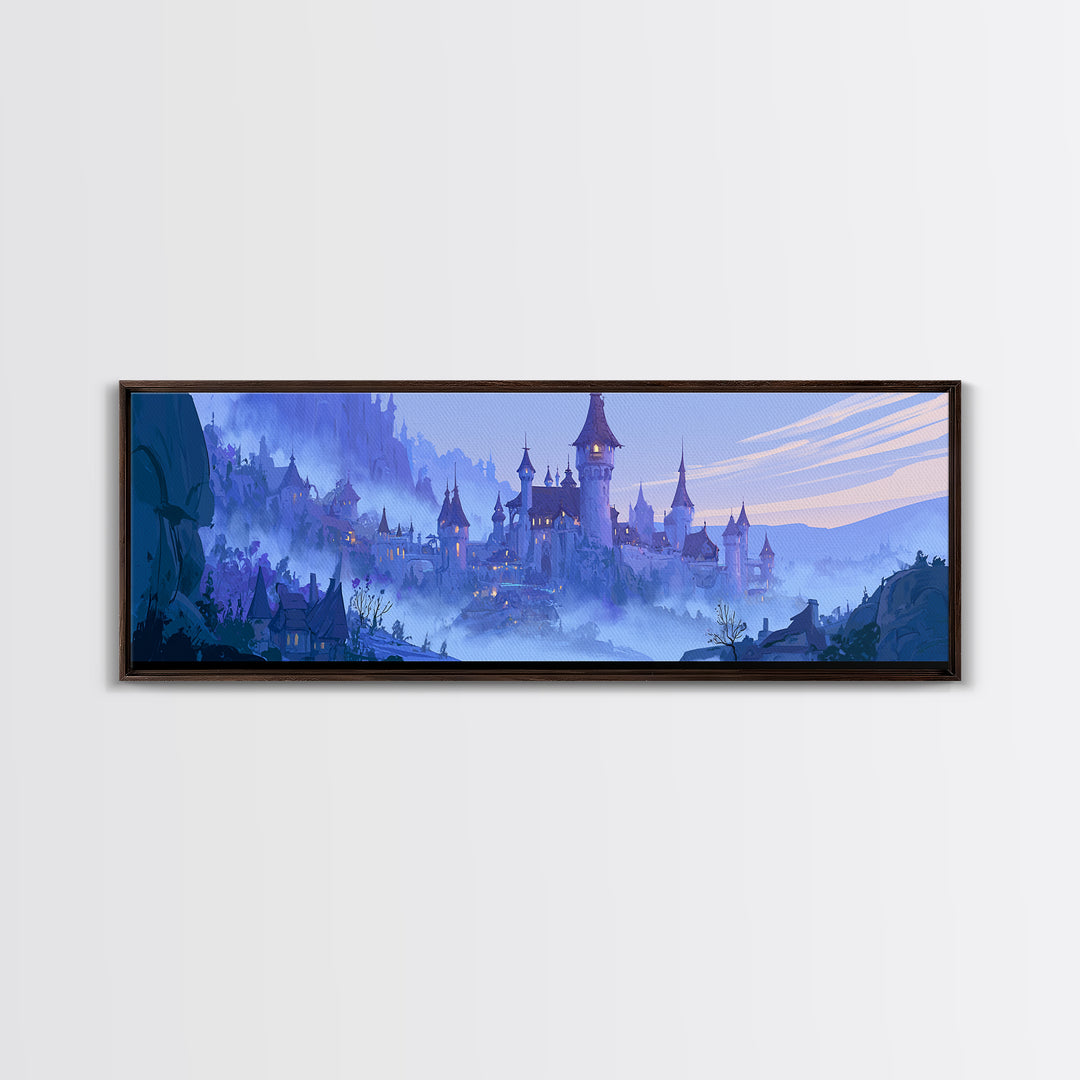 Storybook Castle on a Misty Hill Framed Canvas Print, Fairy Tale Art, Whimsical Wall Art, Living Room Decor, Storybook, FTA-3x1-90