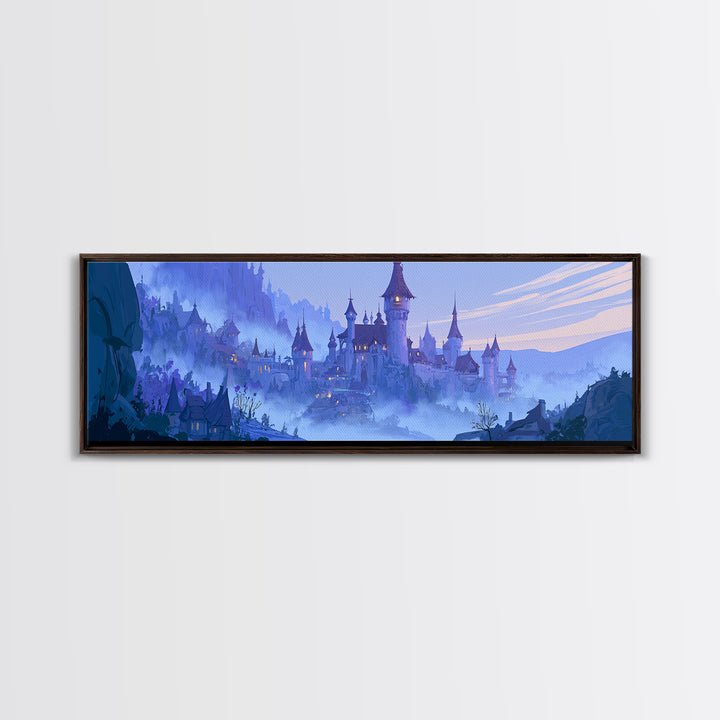 Storybook Castle on a Misty Hill Framed Canvas Print, Fairy Tale Art, Whimsical Wall Art, Living Room Decor, Storybook, FTA-3x1-90