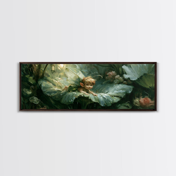 Tiny Fairy Resting on a Dew Covered Canvas Print, Fairy Tale Art, Art Deco, Living Room Decor, Storybook, Whimsical Art, FTA-3x1-95