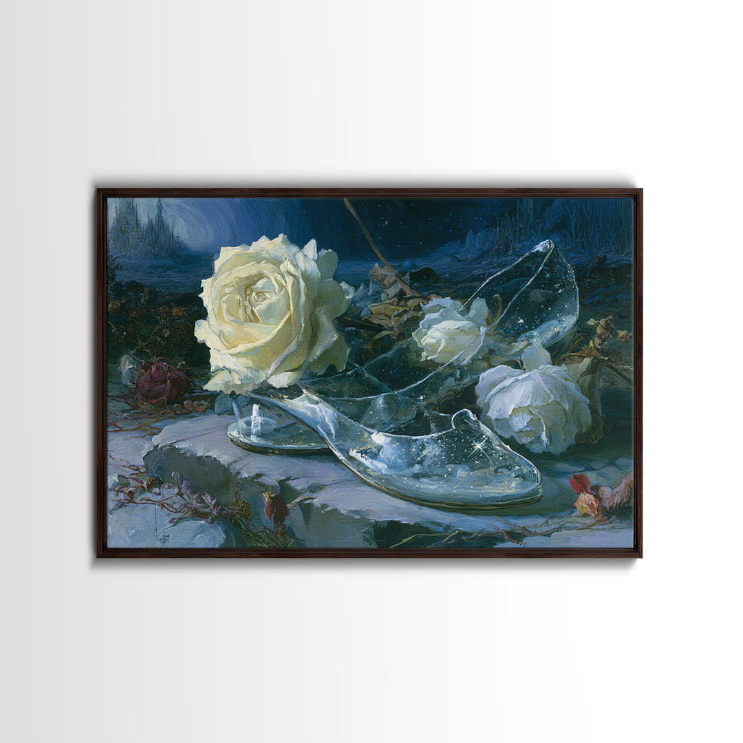 Glass Slipper Still Life Framed Canvas Print, Fairy Tale Art, Nursery Art, Living Room Decor, Storybook, Art Nouveau Print, FTA-3x2-10
