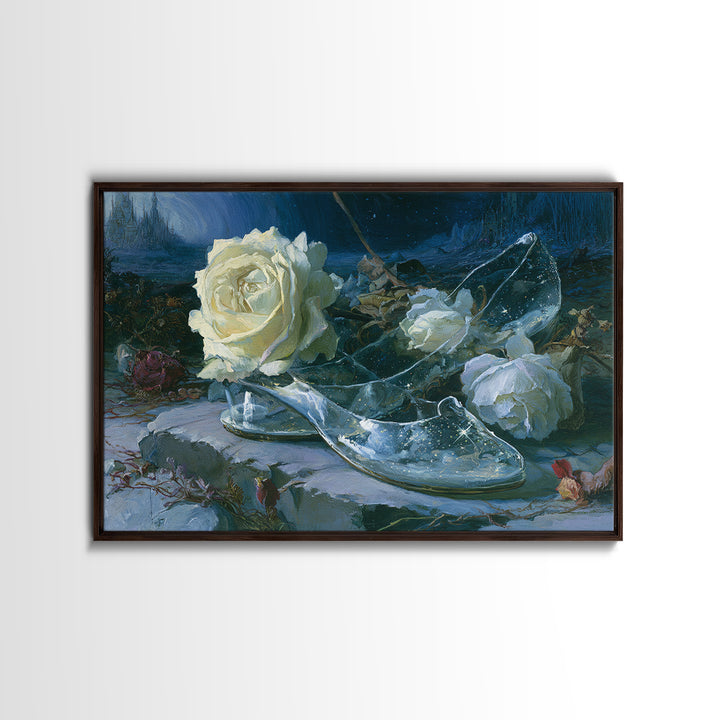 Glass Slipper Still Life Framed Canvas Print, Fairy Tale Art, Nursery Art, Living Room Decor, Storybook, Art Nouveau Print, FTA-3x2-10