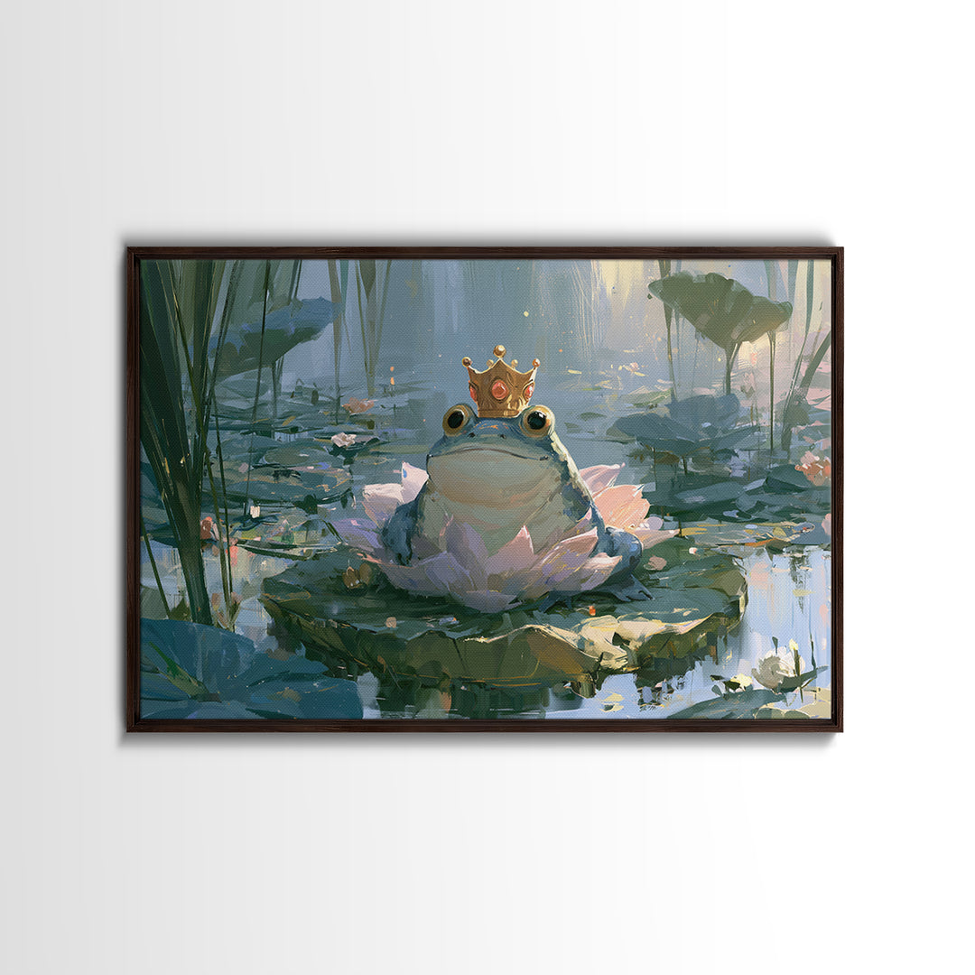 Frog Prince on a Lily Pad Framed Canvas Print, Fairy Tale Art, Whimsical Art, Living Room Decor, Fine Art, Storybook, FTA-3x2-15