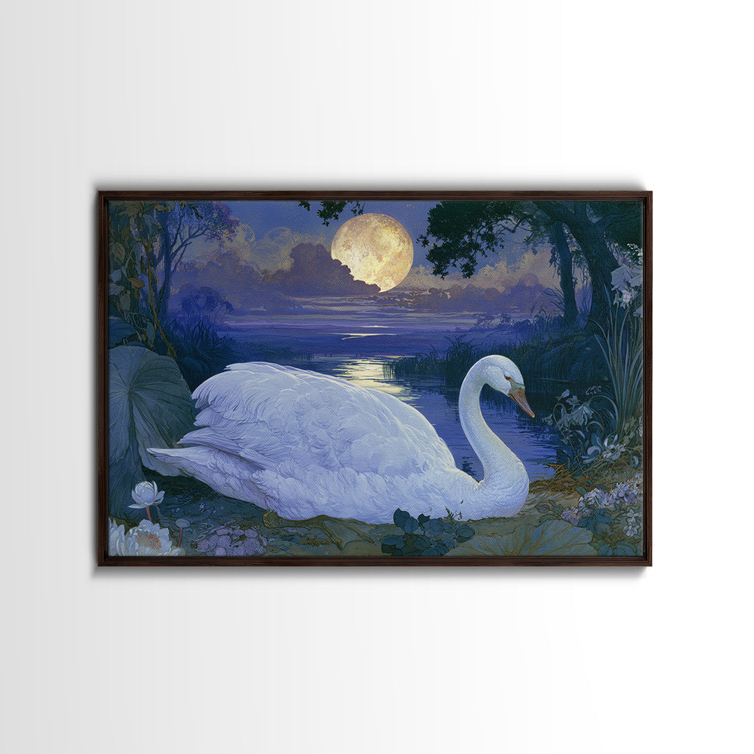 White Swan Transformation Scene Framed Canvas Print, Fairy Tale Art, Statement Artwork, Living Room Decor, Fine Art, Storybook, FTA-3x2-19