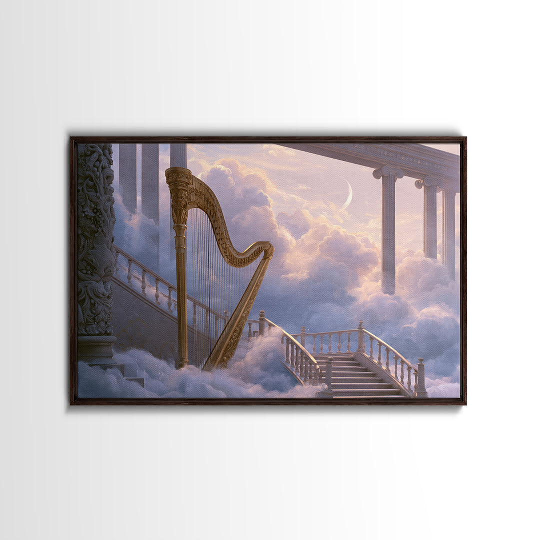 Golden Harp in a Cloud Kingdom Framed Canvas Print, Fairy Tale Art, Art Nouveau, Living Room Decor, Fine Art, Storybook, FTA-3x2-2